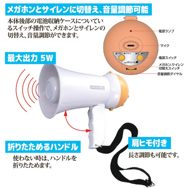 超小型 拡声器 約直径9.7×長さ15.5cm 最大出力:5ワット 肩ヒモ付き ハンドメガホンミニ 学校行事 イベント 緊急時 災害時 - 画像 (4)