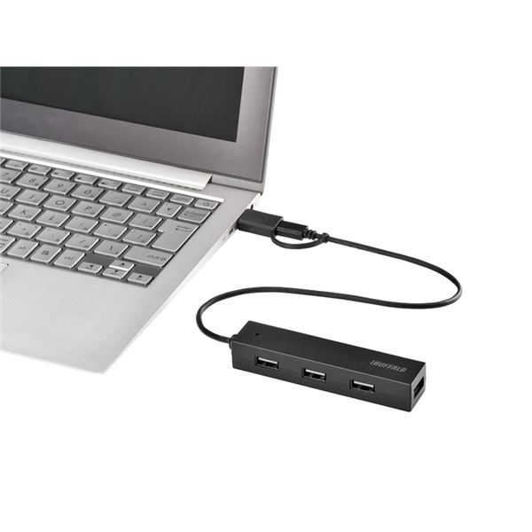 バッファロー(サプライ) タブレット・スマホ用 USB2.0 4ポートハブ 変換コネクター付き ブラック BSH4UMB04BK - 画像 (4)