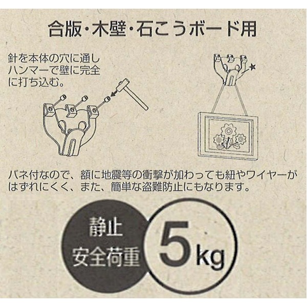 【5個セット】 額吊り金具/壁掛け用金具 【5kgまで】 バネ付き3本針フック 合板・木壁・石こうボード用 3011-6 - 画像 (5)